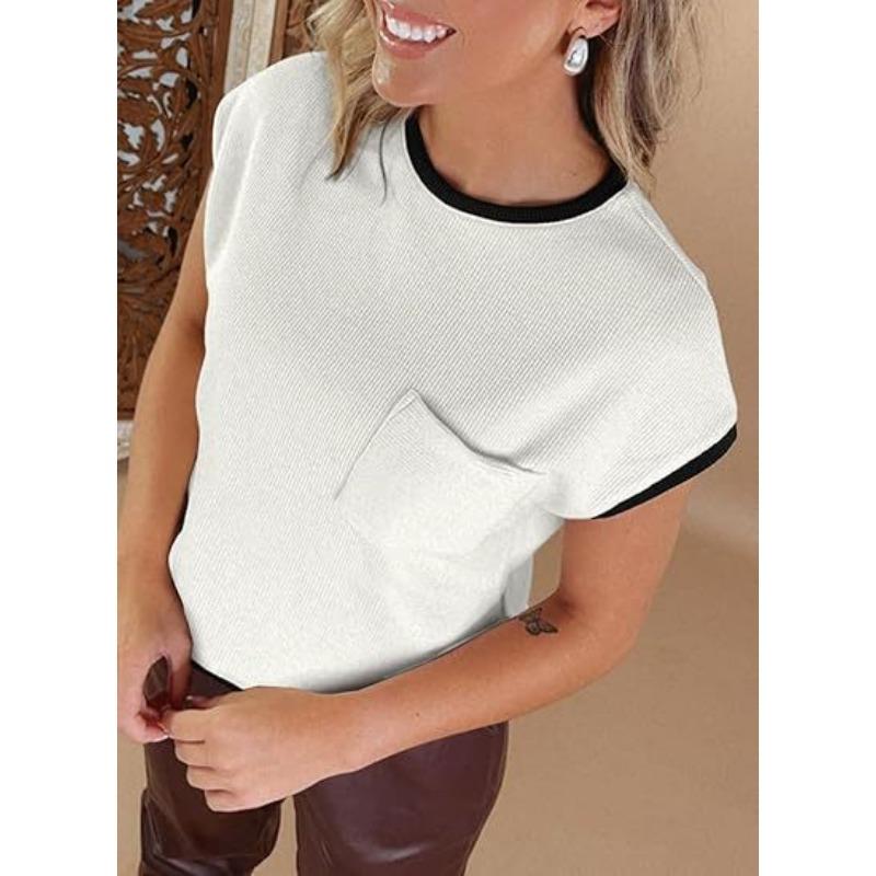 Damen Frühling Sommer Kurzarm T-Shirt Ringelstreifen Rippstrick T-Shirt Freizeit Ausgeh-Top