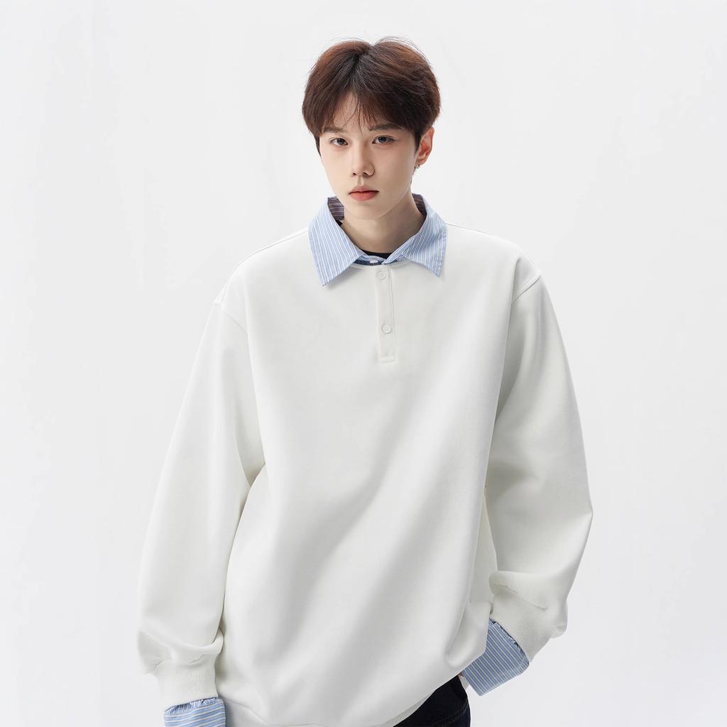 Japanese Fake Two POLO Shirts Men's Autumn College Style Lapel Sweater Retro with Bottoming Shirt Inside.