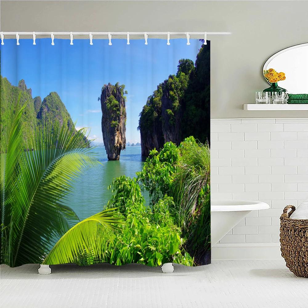 Sunny Beach Palme Meereslandschaft Stoff Duschvorhang Wasserdicht Polyester Badvorhänge für Badezimmer Dekorieren mit Haken