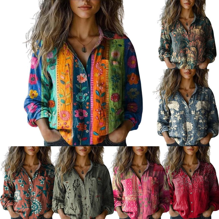 

Women s Long Sleeve Floral Print Casual Shirt, Ethnic Pattern Blouse, Loose Fit Bohemian Top S