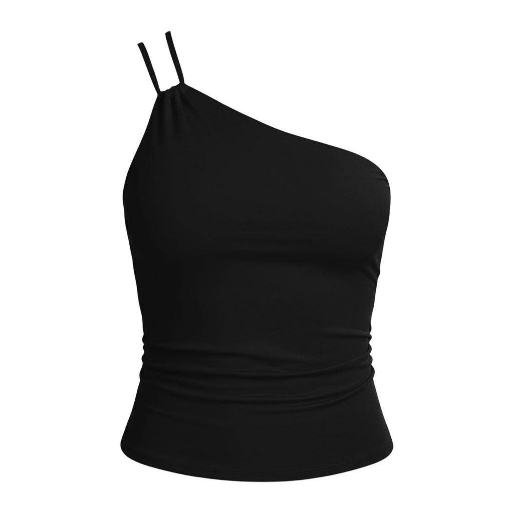 Women One Shoulder Camisole Top with Built-in Bra Padded Support Slim Fit Sleeveless Tank Top Fashionable Solid Color
