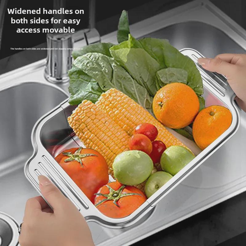 Universal 304 Stainless Steel Retractable Drain Basket for Sink - Rectangular, Thickened & Lengthened for Vegetable Washing