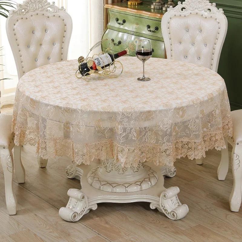 Tischdecke Beige Runde Tischdecke Bestickte Tischdecke Romantische Spitze Europa Hohl Transparent Rosenblume Glasgarnabdeckung