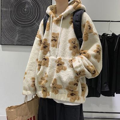 Sudadera con capucha peluda con estampado de osito para hombre, cálida y dulce sudadera de felpa para invierno, sudadera holgada estilo coreano vintage