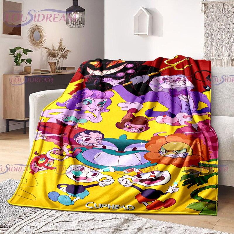 Cuphead and Mugman Print Throw Deka Kreslená hra Měkký plyšový fleece Lehká pohovka Funny Halloween Friend dárek