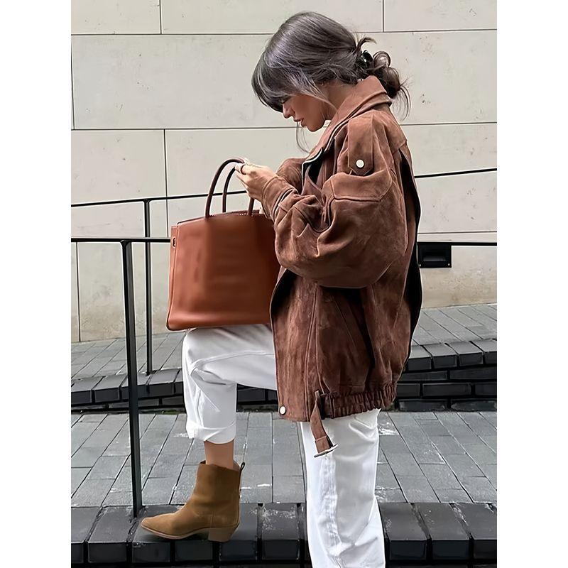 Yamano Tour Brown Beauty Style Retro Maillard Cool Style Lapel Suede Motorcycle Clothing Jacket Loose Short coat