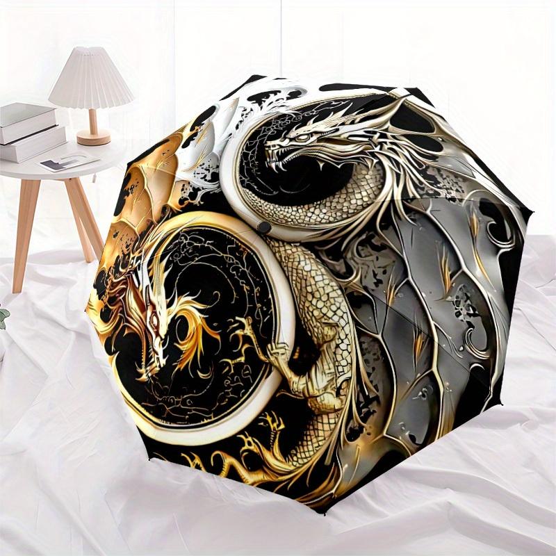 1pc Dragon Yin Yang Symbol Automatic Folding Umbrella - 8-Rib Iron Frame, Windproof, Portable Sunshade with Plastic Handle for Travel & Outd