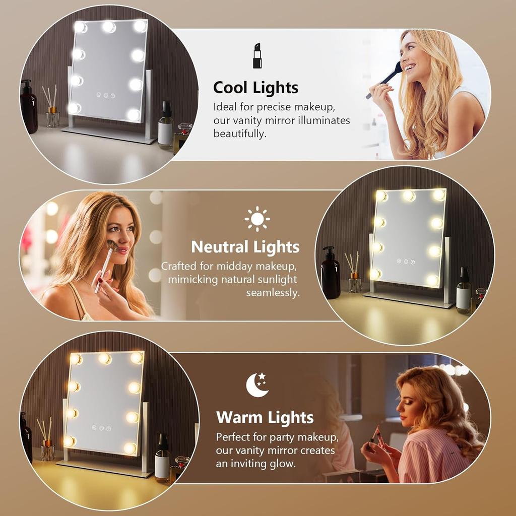 Lustro do makijażu Hollywood z 9 żarówkami LED, 3-kolorowe oświetlenie, ściemnianie, sterowanie dotykowe, obrót 360° do garderoby i sypialni