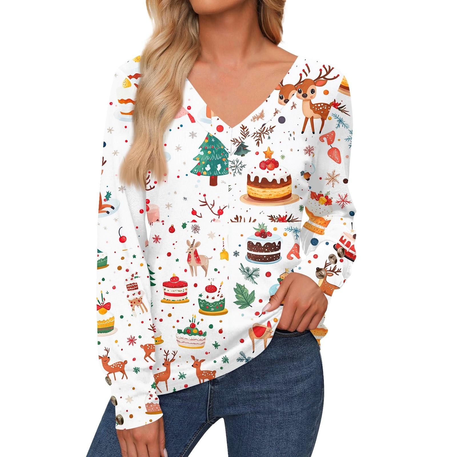 

Жіноча повсякденна модна різдвяна сорочка з манжетами і манжетами з довгими рукавами з V-подібним вирізом, повсякденні вільні футболки XXL зелений