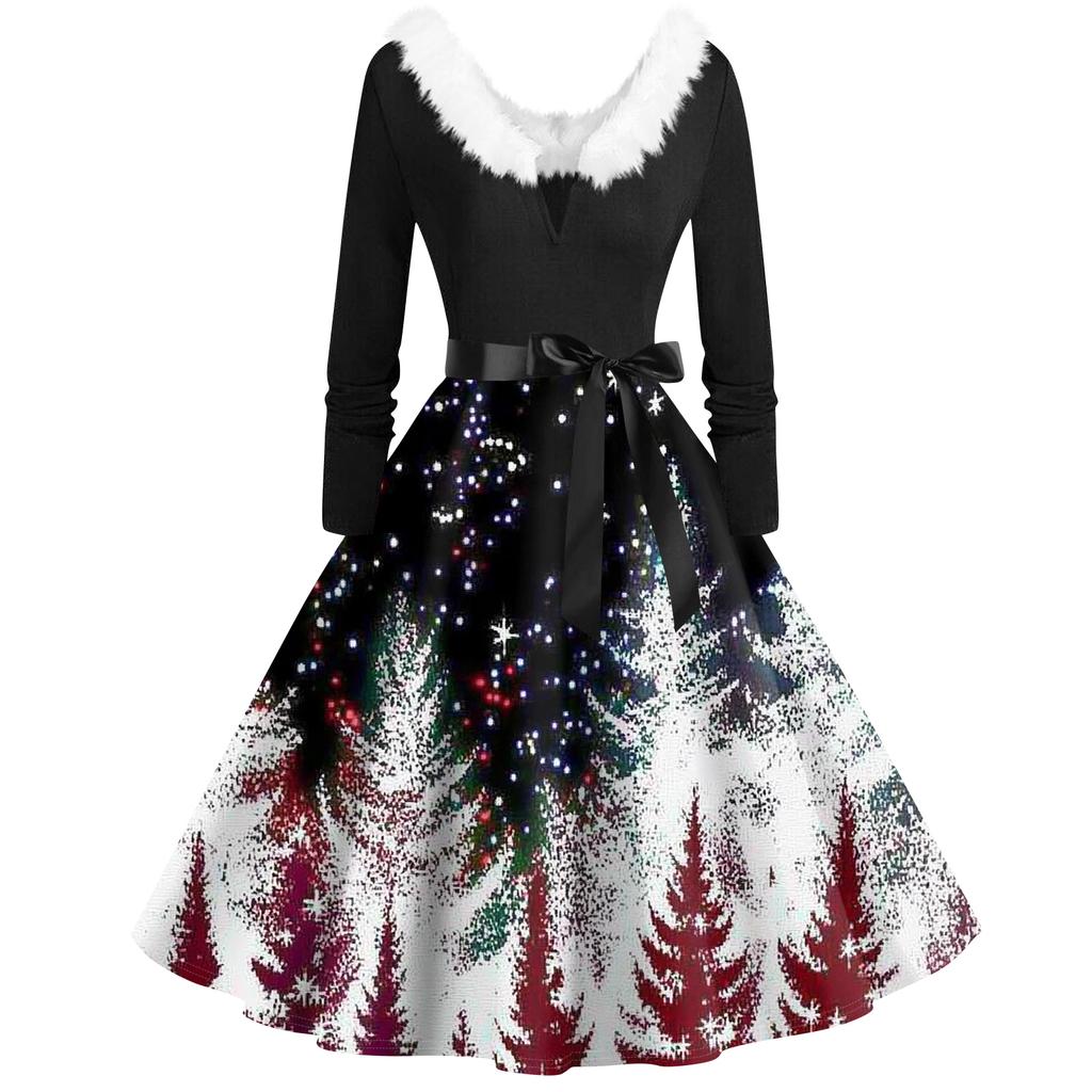 Dámské módní šaty s límcem do vlasů s výstřihem do V Ležérní štíhlé vánoční šaty s dlouhým rukávem