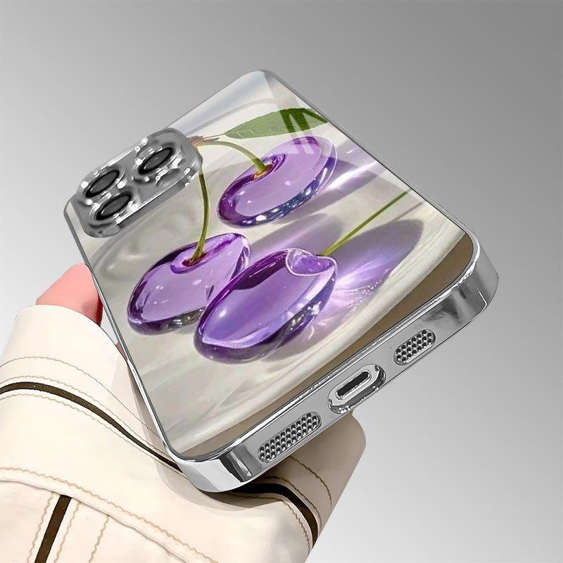 Purple Crystal Cherry Pattern Tempered Glass Electroplated Silver Phone Case For Samsung Galaxy S25 S24 S23 Ultra Plus FE Cover