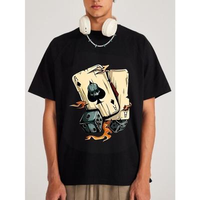 Men's Casual T-Shirt Black Ace of Spades Dice and Flames Graphic Print Streetwear Fashion Top for Everyday Wear and Party Outfits