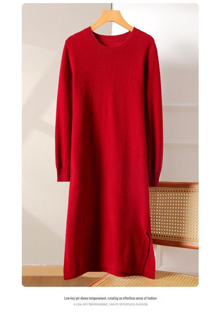Women's Pure Wool Mid-Length Knit Skirt and Dress, Rolled Hem, Round Neck, Solid Color - Perfect for Autumn and Winter.