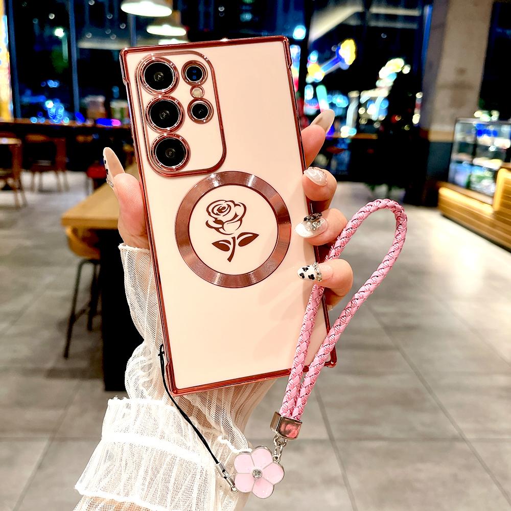 Plating Soft TPU Rose Case For For Samsung Galaxy S26 S25 S24 S23 S22 S21 Ultra Plus S25Ultra Magsafe Charge Cover Lanyard Bracelet