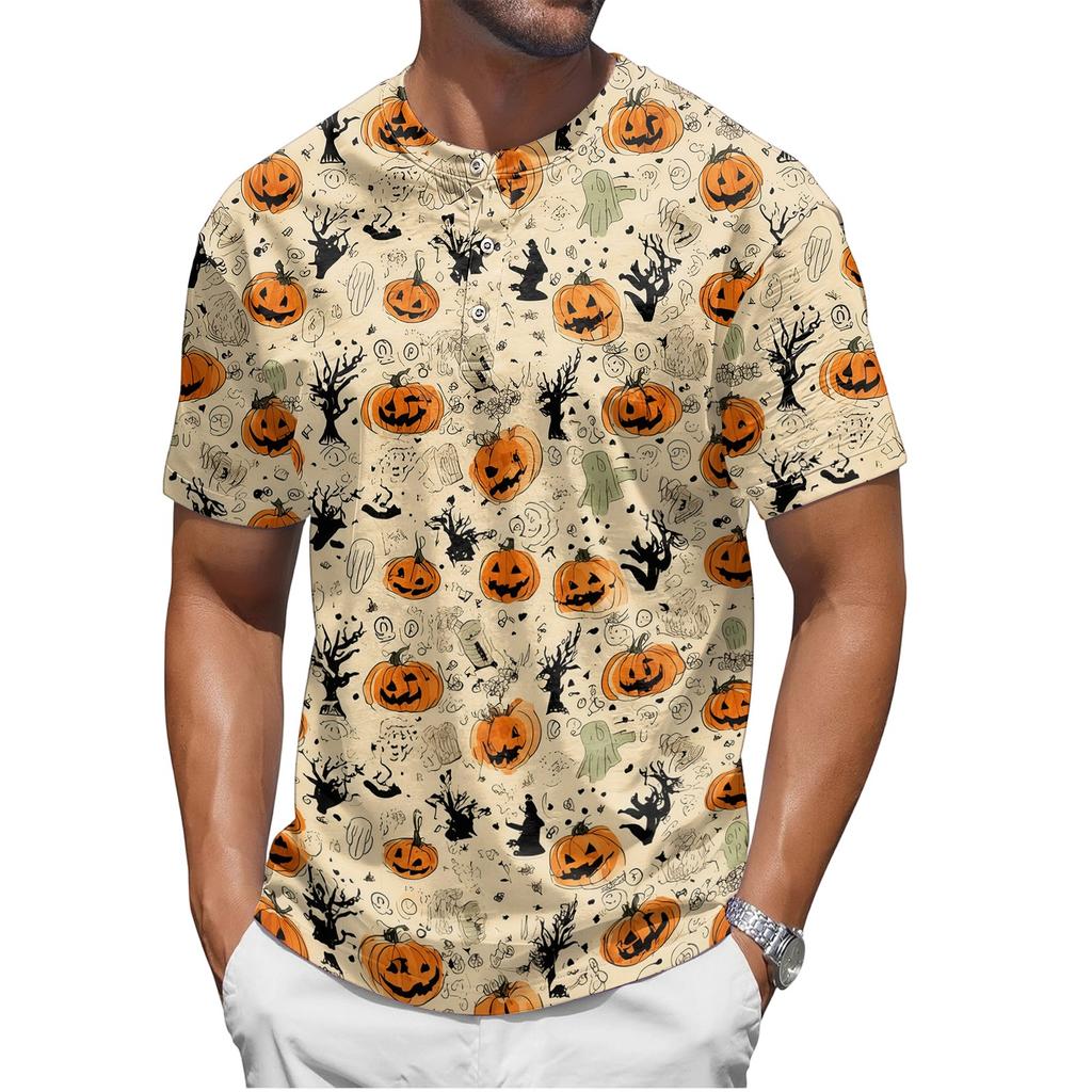 Men's Halloween Printed Crew Neck Short Sleeve Shirt Casual Loose Fit Top with and Pumpkin Pattern for Holiday
