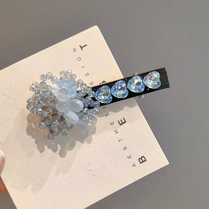 Vintage Korean Blue Crystal Flower Hair Clip - High-End Shiny BB Clip for Bangs and Sides