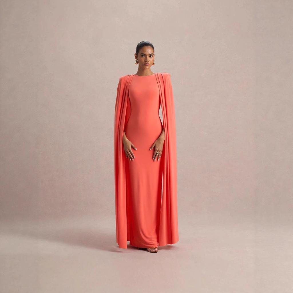 Women Coral Orange Round Neck Cape Sleeve Maxi Dress Plus Size Slim Fit Bodycon Elegant Formal Evening Prom Party Wedding Guest Gown