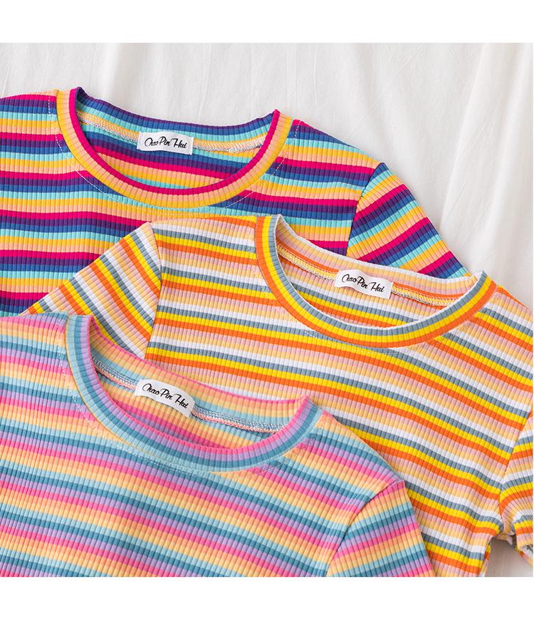 Women's Rainbow Striped Cropped Short Sleeve Top, Hyuna Style, Tight Fit, High Waist, Belly Button Show