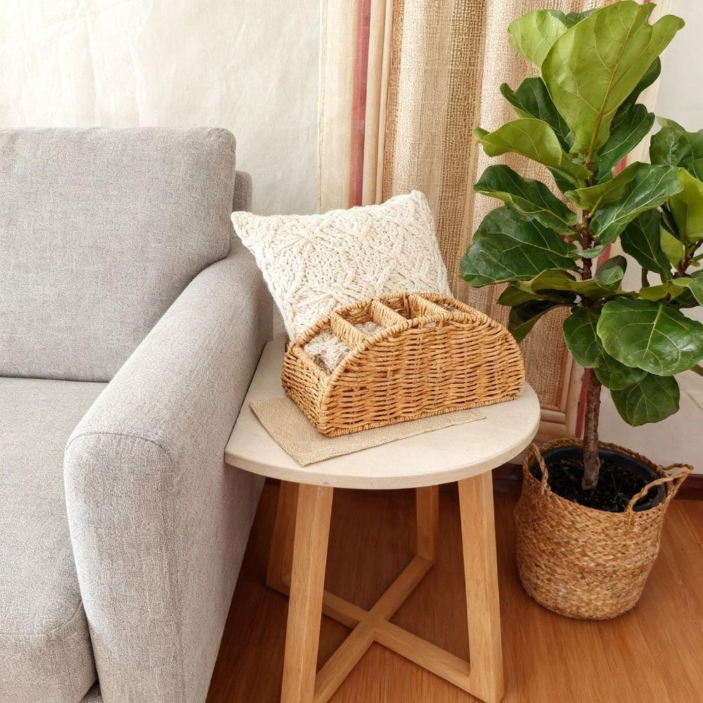 Imitation Rattan Remote Control Storage Box 4 Grids Handwoven Synthetic Rattan Organizer Vintage Style Desktop Storage Box