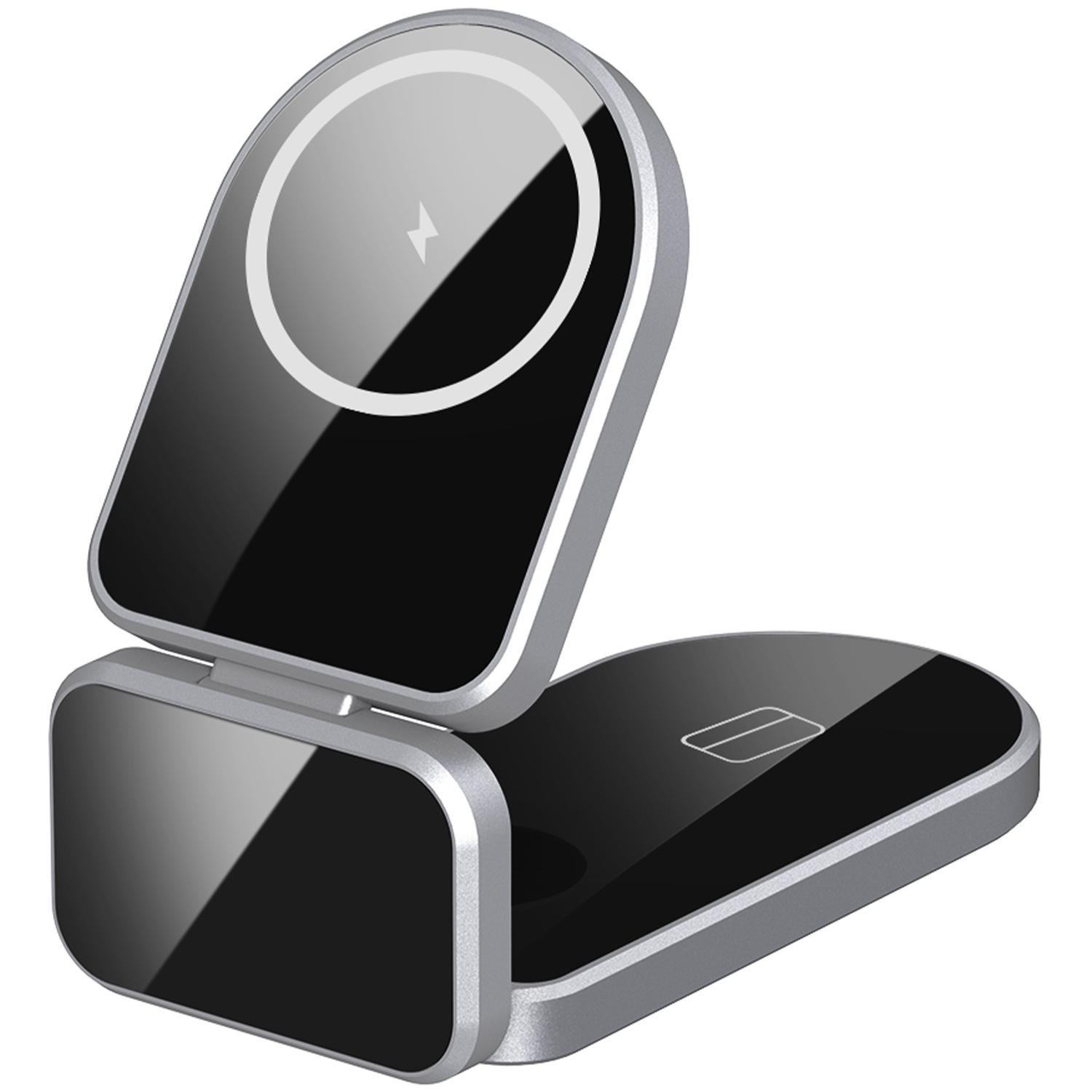 

H09 Watch/Earphone/Cellphone 3-in-1 Desktop Charging Stand Foldable Magnetic Wireless Charger Silver