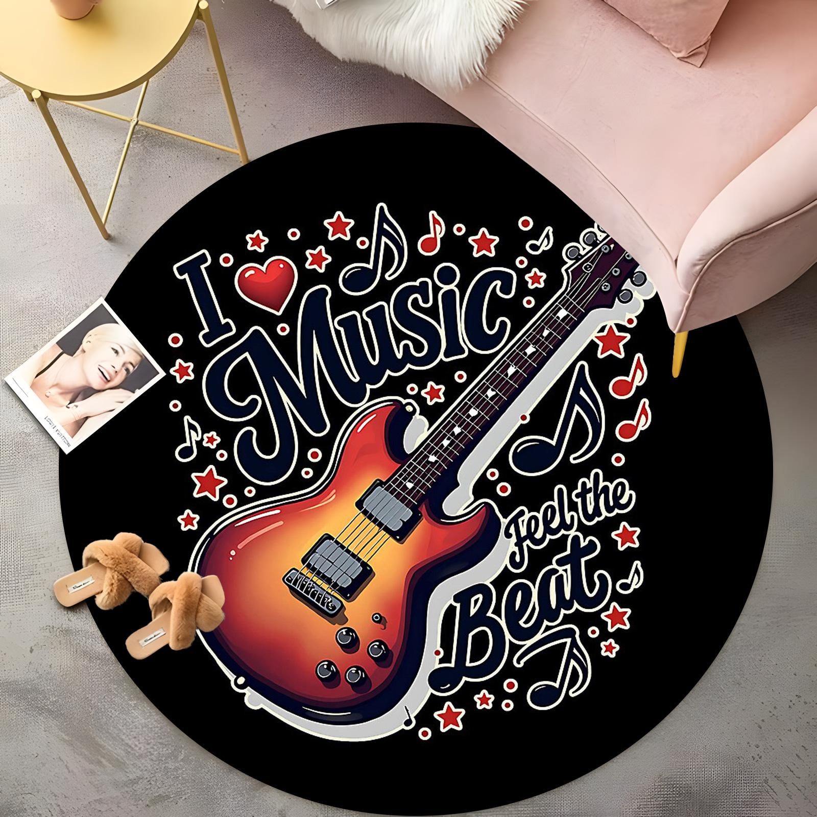 

Music Passion Round Rug I Music Feel the Beat Guitar Design, Black & Orange Bohemian Carpet, Non-Slip Living Room Floor Mat 60cm
