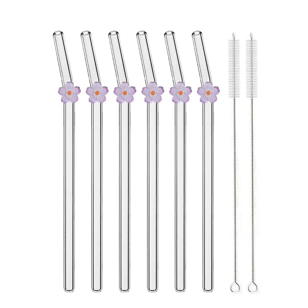 6PCS Reusable Drinking Straws Cute Flower Glass Straws with Cleaning Brush for Coffee Lover Smoothies Frozen Drinks Tea Juice