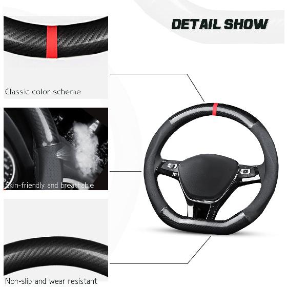 Ergocar Car Steering Wheel Cover Non-Slip Car Steering Wheel Protector Sport D-Shape Carbon Fiber & PU Leather Universal For Diameter 38Cm(15")