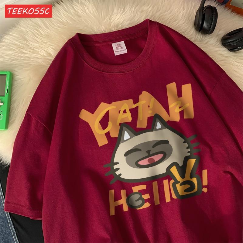 Say Hello, Little Catcotton Womens T-Shirts Cartoons Printing Tops O-Neck Soft Comfortable Short Sleeve Summer Casual Clothes