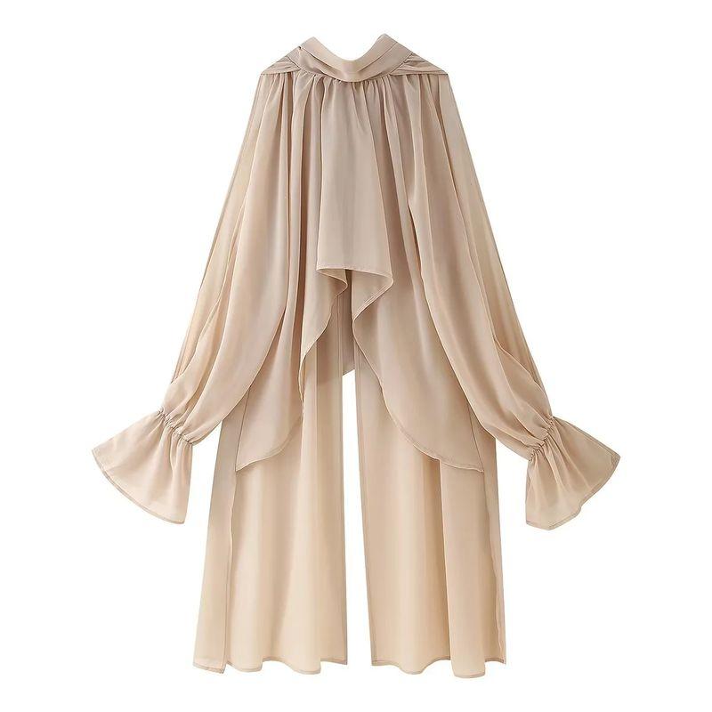 Summer New Product Women's Clothes French Asymmetrical Design Stand Collar Strap Ribbon off-Shoulder Loose Chiffon Long Shirt