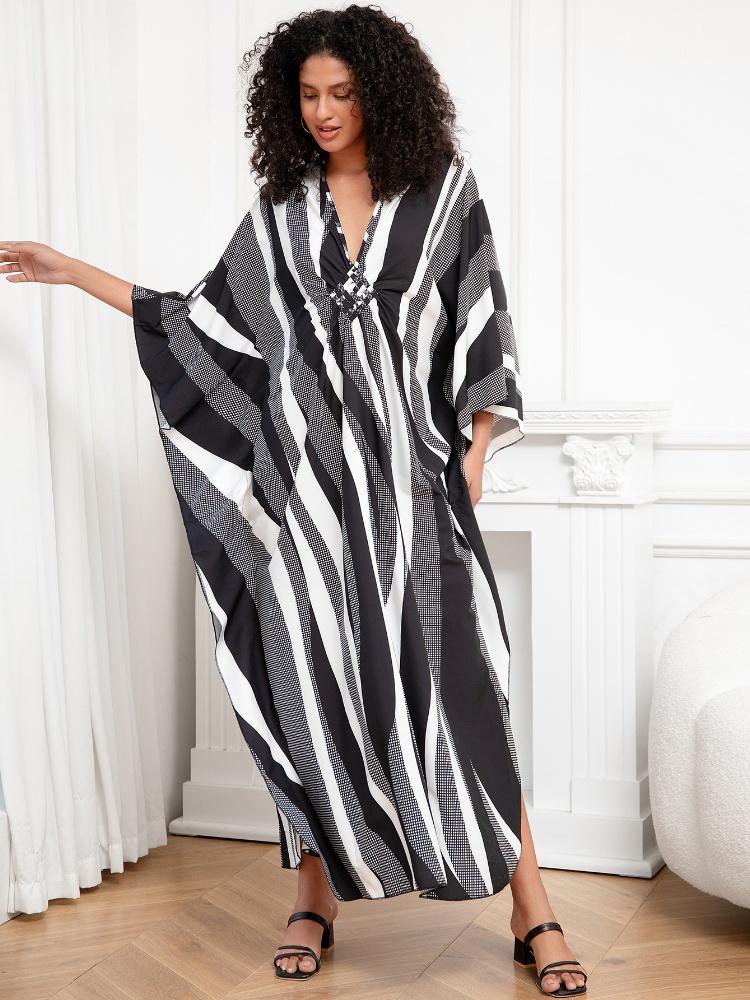 EDOLYNSA Striped Lady Kaftan Black Robe Oversized Light jacket Summer wear Vacation Party Long Dress Bathrobe Beach dress Q1289