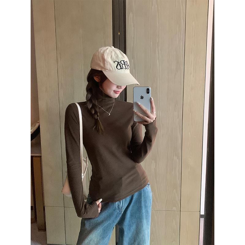 Blue pile collar brushed long-sleeved t-shirt for women autumn and winter new high collar plus velvet thickened inner bottoming shirt small top