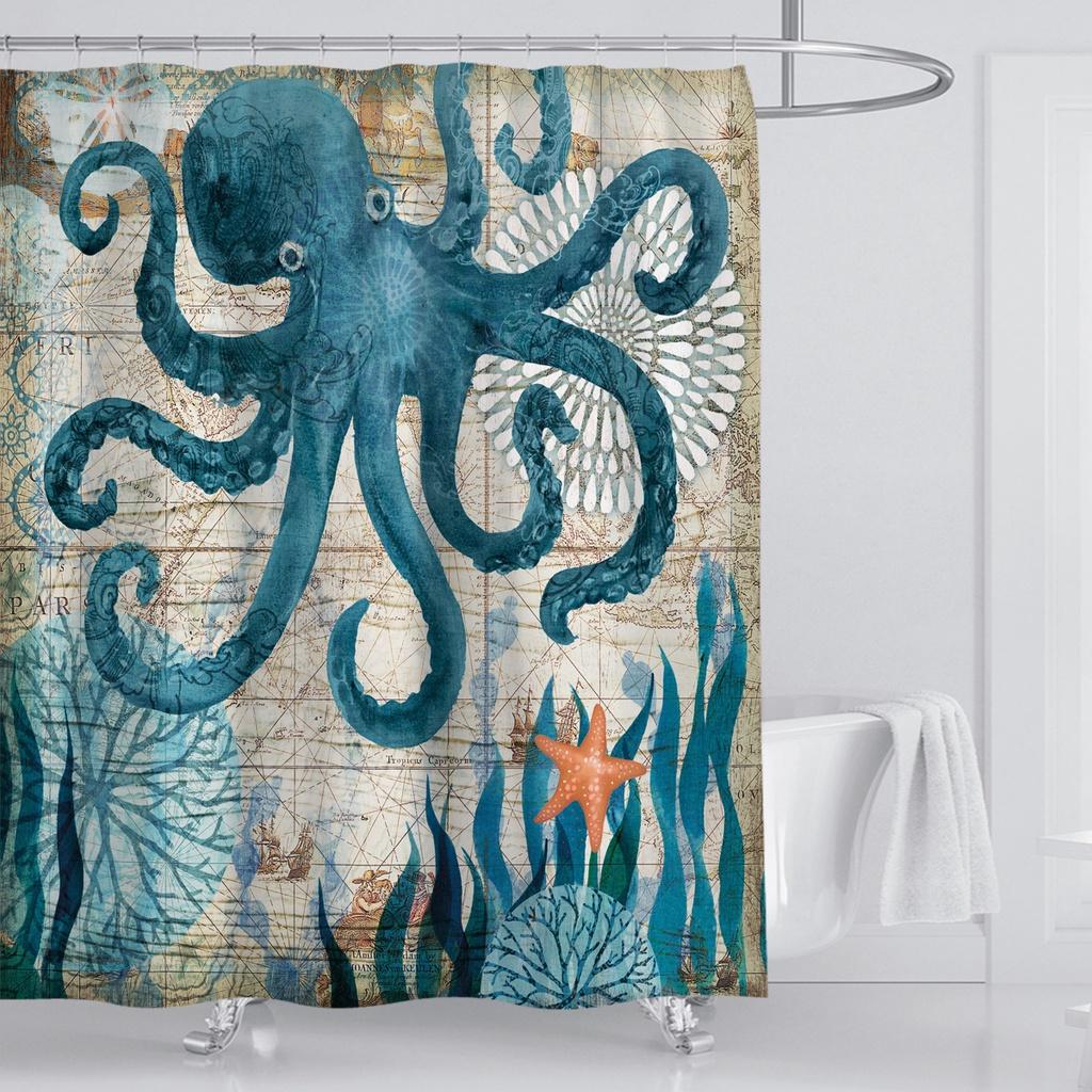 Eco-friendly Sea Turtle Octopus Shower Curtain Featuring Soft Polyester Fiber And Easy Installation Hooks