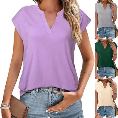 Ladies Summer Short Sleeve V Neck Solid Color Pullover T Shirt Top
