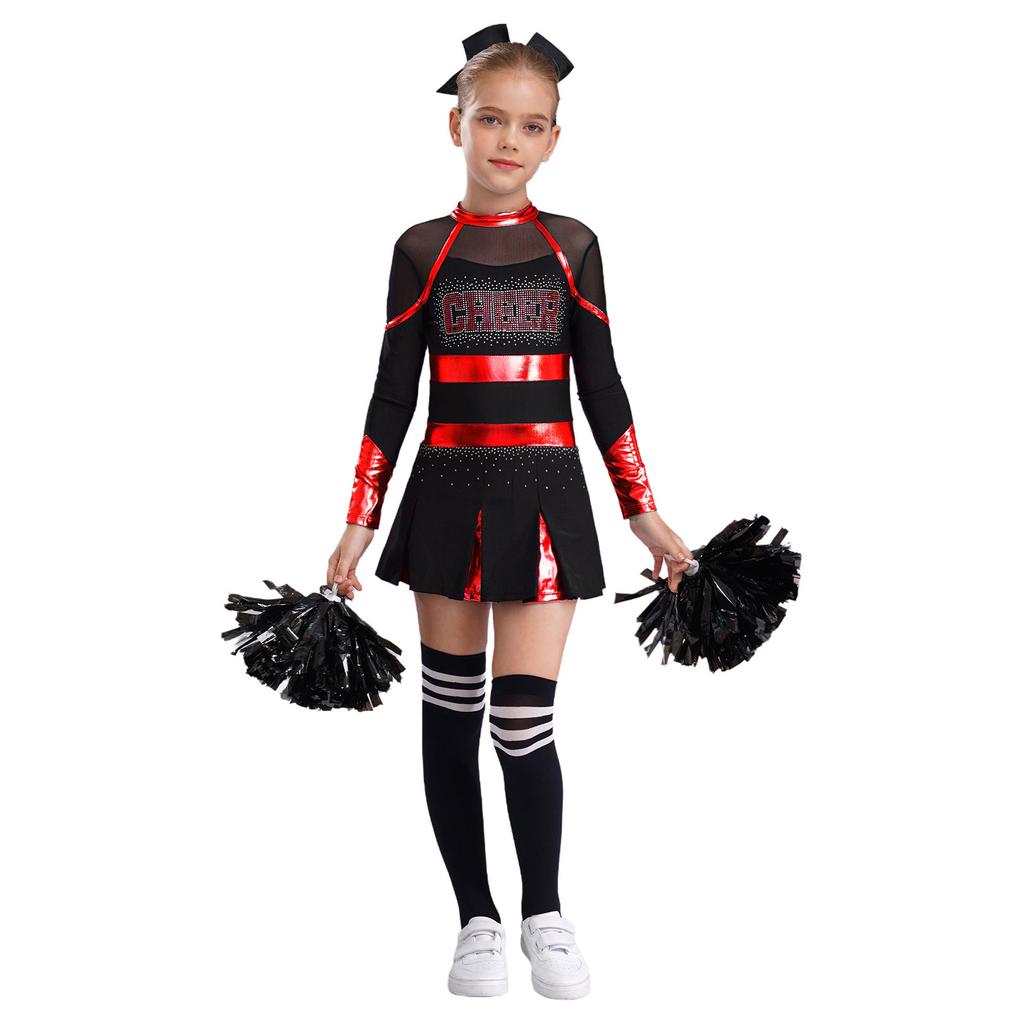 Girls Cheerleading Outfit Rhinestone Letter Design Metallic Color Patchwork Long Sleeve Pleated Dress Set