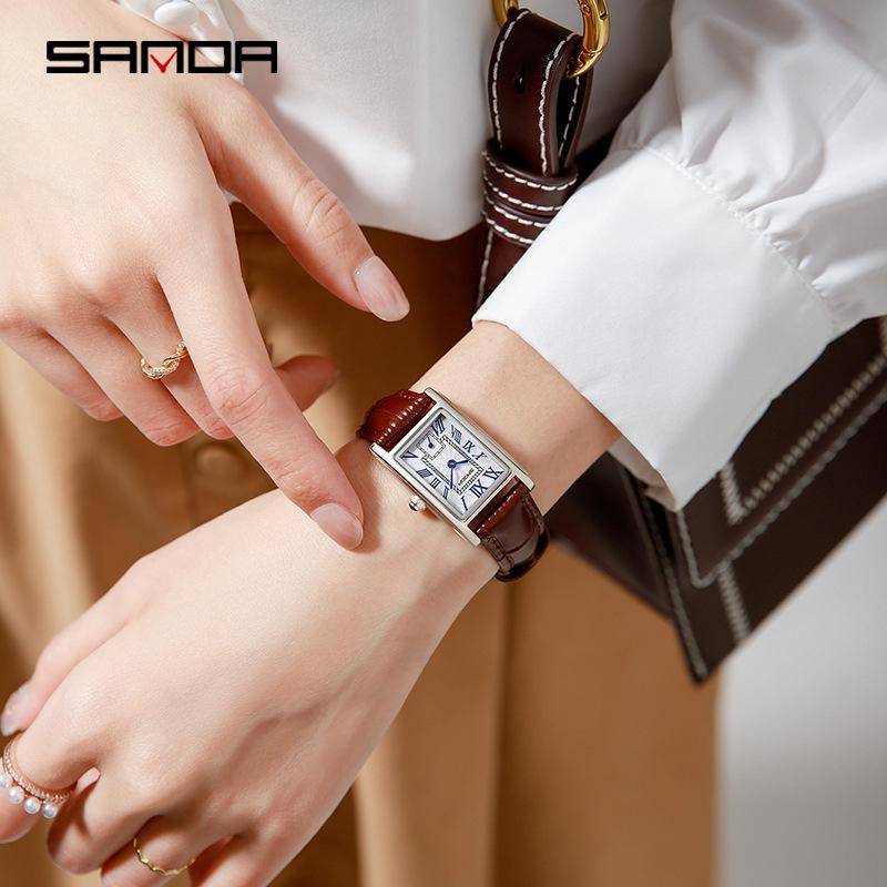 Stylish Sanda Square Steel & Leather Quartz Watch with Roman Numerals, Waterproof Design for Women
