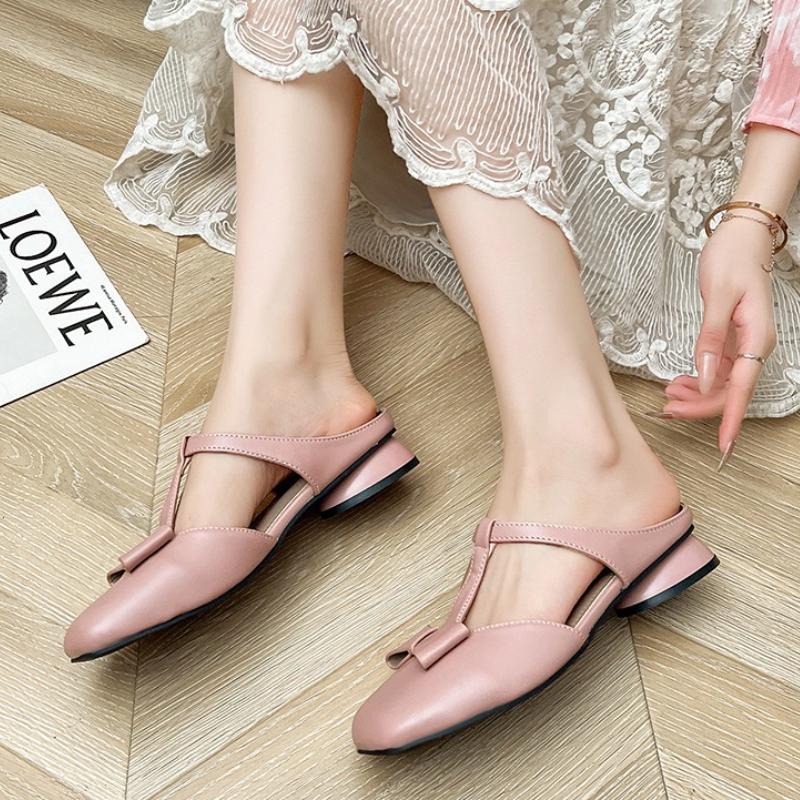 Fashion Bow Women Slippers Square Toe Heeled Sandals Fashion Mules Shoes 2025 Elegant Summer New Slingback Chunky Woman Shoes Zapatillas