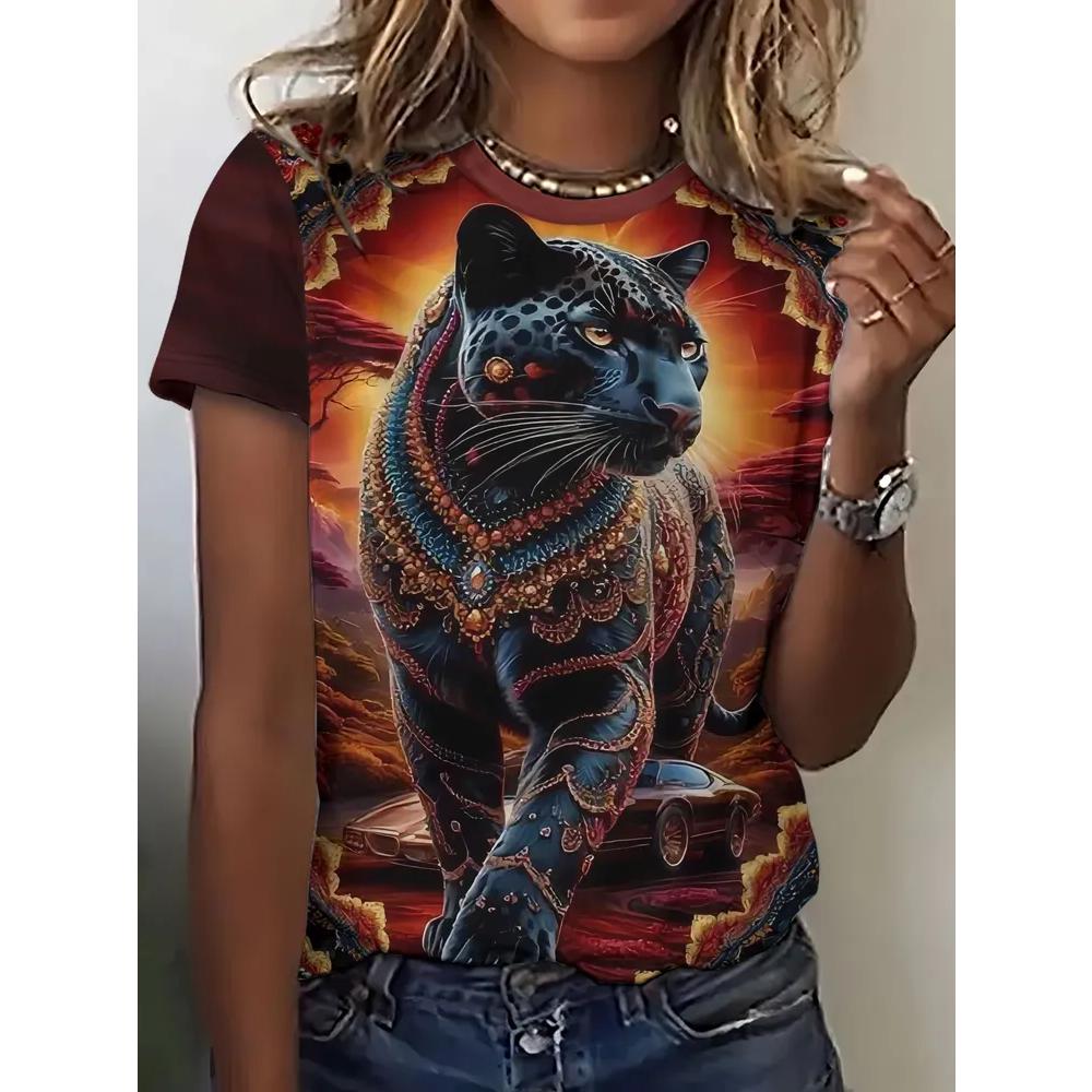 Women's Animal Print Top Casual Versatile Short Sleeve Fashion Crew Neck Breathable T-Shirts Women’s