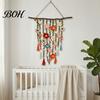 Rustic Home Decoration Bohemian Crochet Flower Hanging Tapestry, Handmade Tassels Decor with Wooden Stick, Living Room Bedroom Wall Art