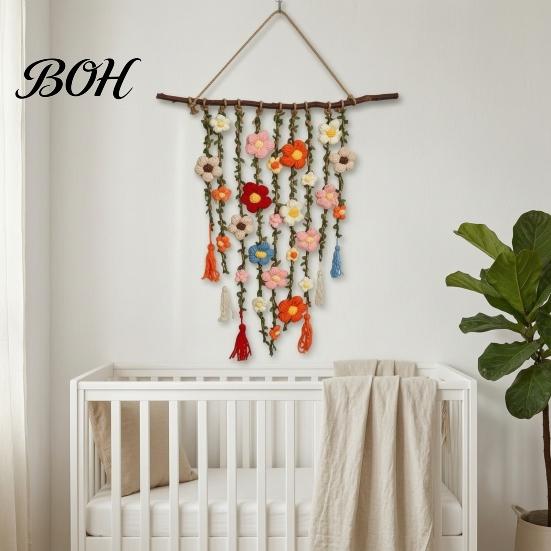 Rustic Home Decoration Bohemian Crochet Flower Hanging Tapestry, Handmade Tassels Decor with Wooden Stick, Living Room Bedroom Wall Art