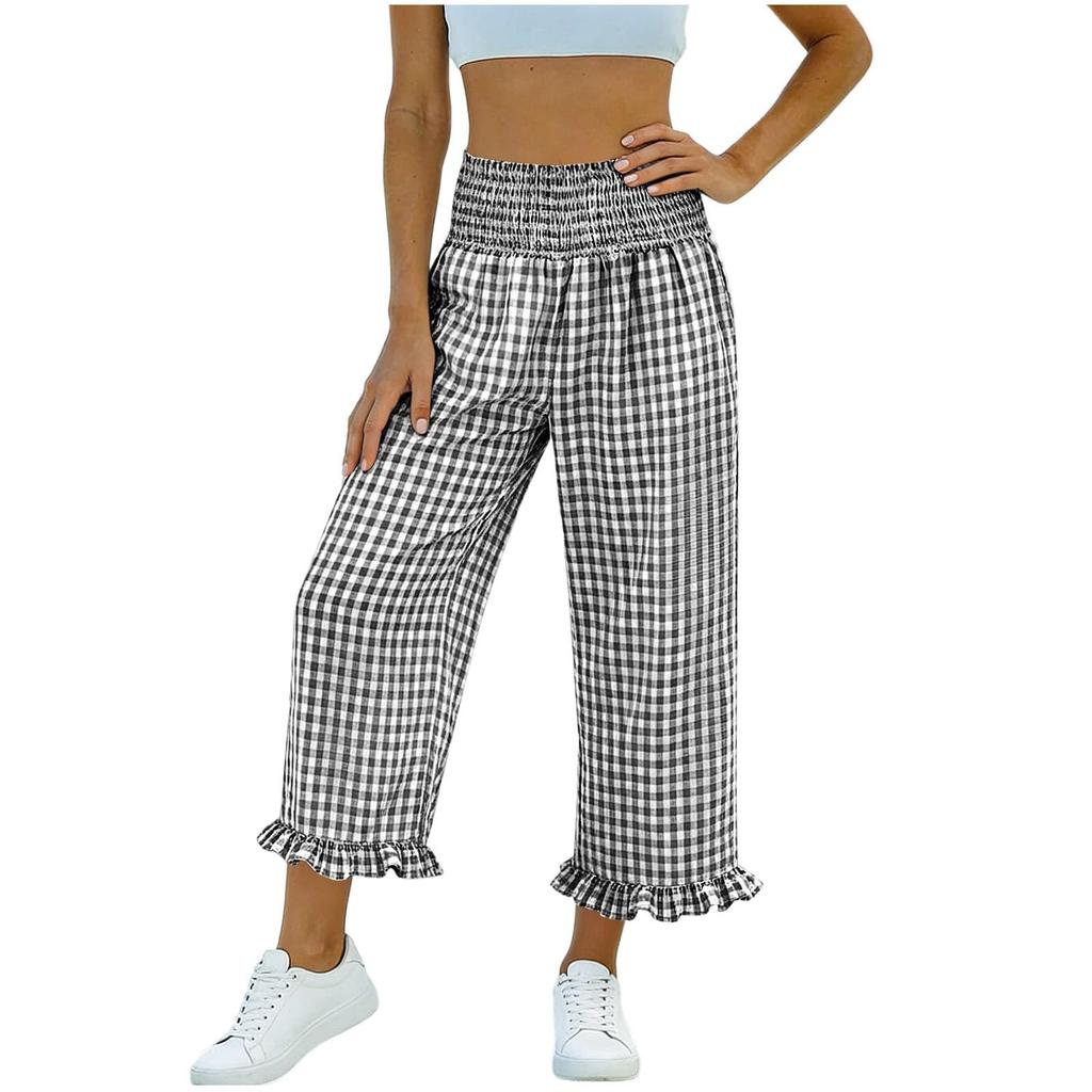 Women's Fashion Ruffle Hem Tartan Pocketed Pleated High-Waisted 9/10 Straight Leg Sporty Loose Casual Pants