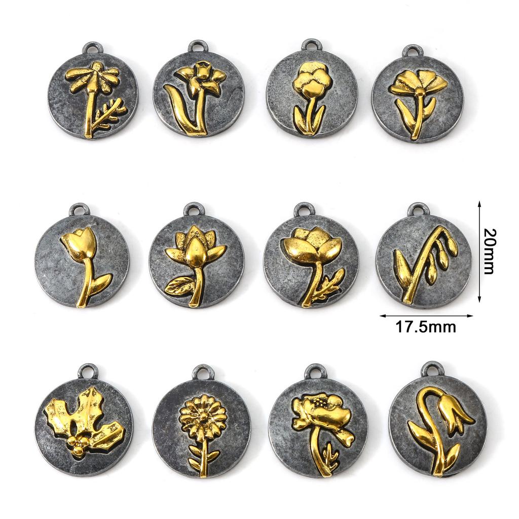 10pcs Vintage Birth Month Flower Charms Antique Gold Color Round Flower Pendants DIY Necklace Women Party Jewelry 20mm x 17.5mm