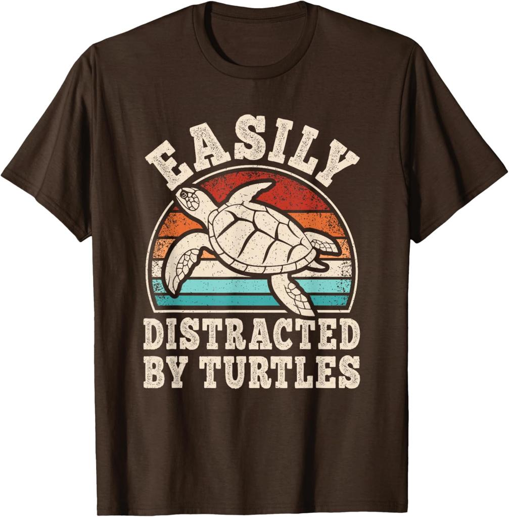 Easily Distracted By Turtles Graphic Tee Retro Sunset Sea Turtle Print Casual Cotton T-Shirt