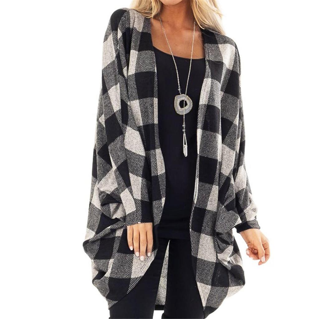Long Sleeve Open Front Cardigans For Women Casual Plaid Patchwork Outwear