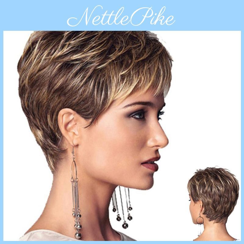 Elegante Peluca Corta Ondulada Marrón y Dorada para Mujer con Flequillo Natural para Moda