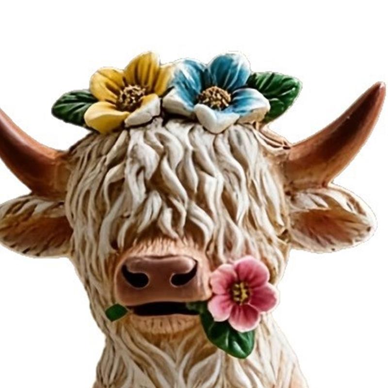 High Land Cow Miniature Figurine with Flower Design Cow Gnomes Scottish Resin Farm Animal Statue Holiday Calf Lover Gift