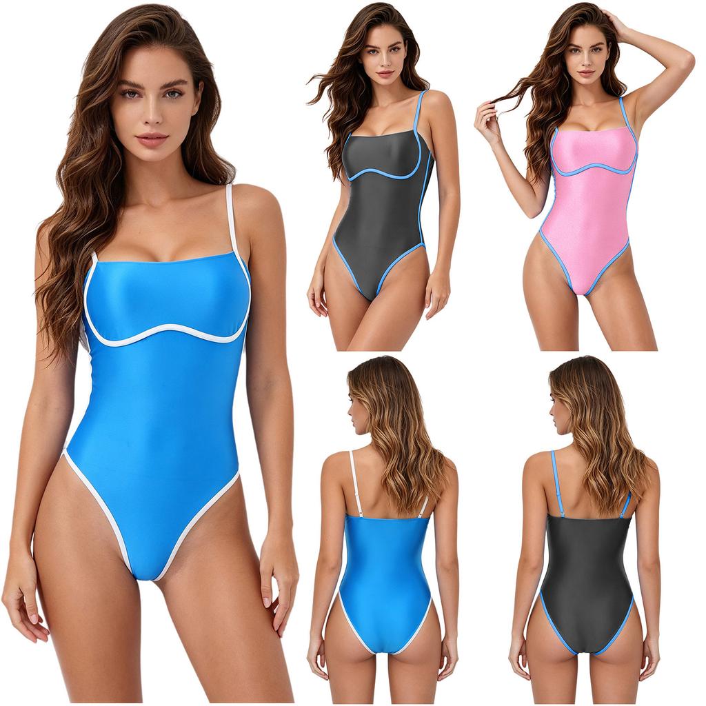 Satin Color Block One Piece Swimsuit for Women Square Neck Adjustable Straps Bathing Suit with Edges Design for Pool Summer