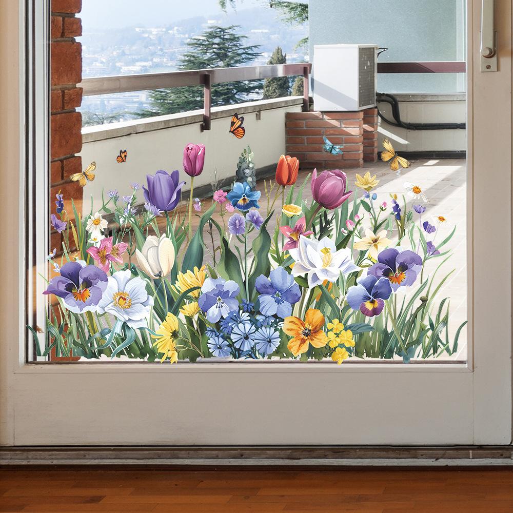 Painted Tulip Butterfly Leaves Static Cling Window Glass Door Sticker Home Decor