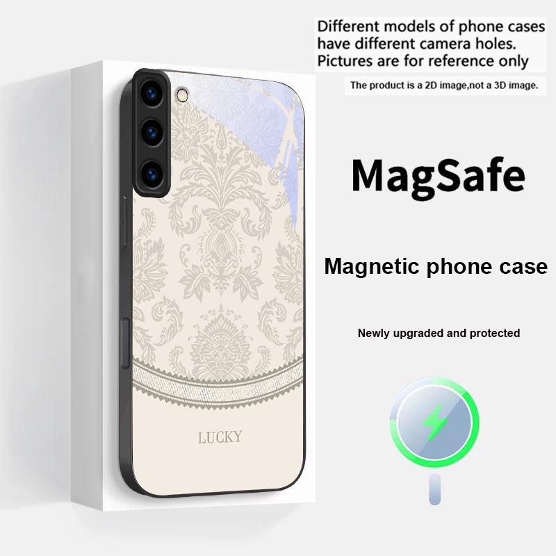 White Floral Vine Pattern For Samsung S25 S25 Edge S25Ultra S8 9 10 20 S21 Pro 22 Plus S23 FE S24 Ultra Magsafe Glass Phone Case