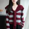 Spring Two Piece V Neck Sweater Set with Shawl Striped Wool Knit Slim Fit Long Sleeve Casual Letter
