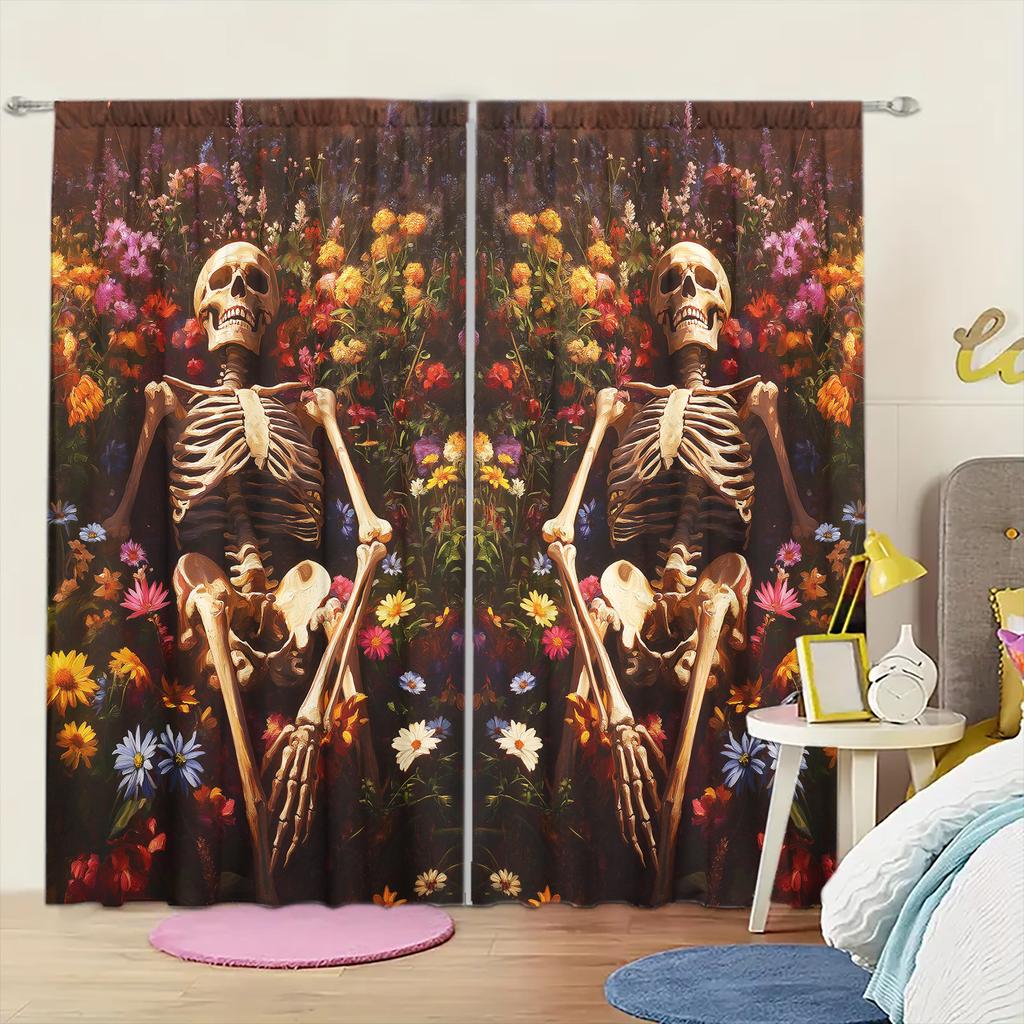 2pcs Romantic Flower Skeleton Printed Curtain for Home Decor - Rod Pocket Window Treatment for Bedroom   Office   Kitchen